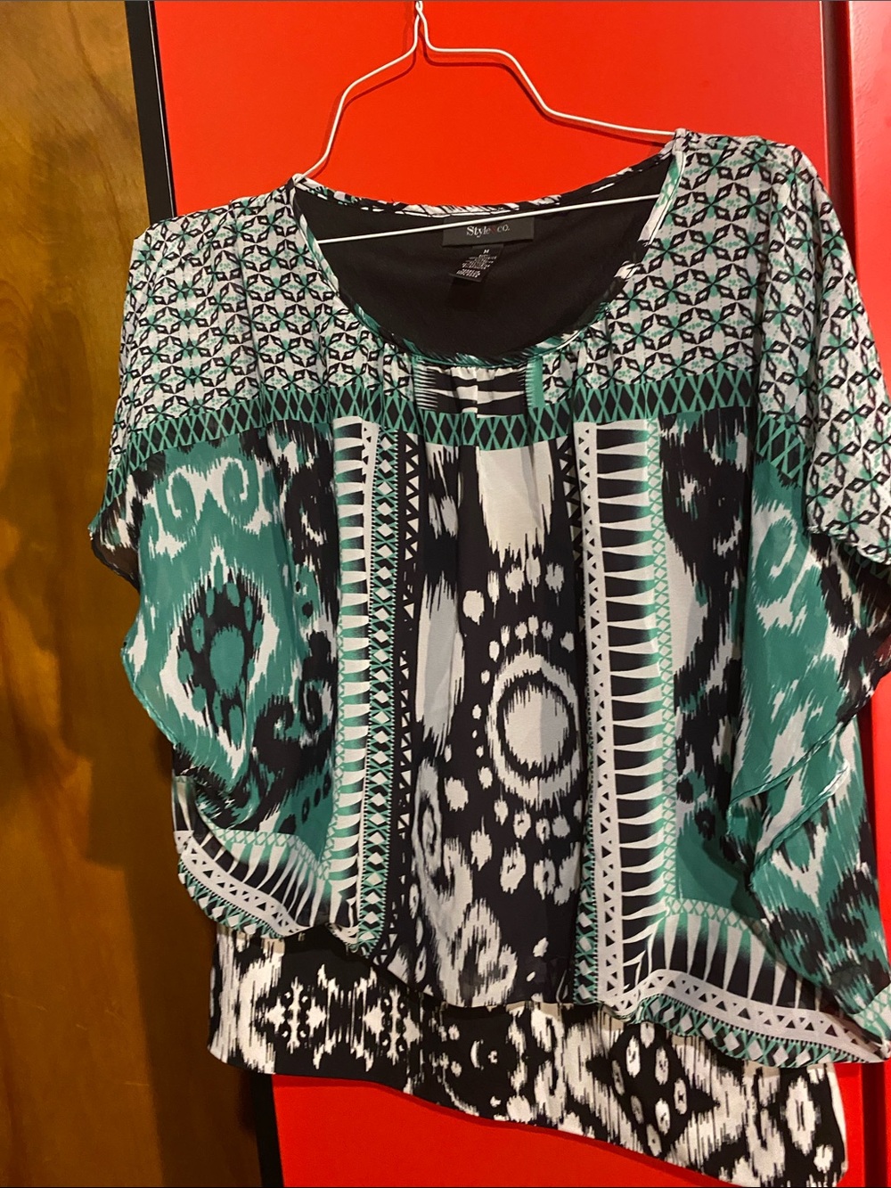 Style & Co Mixed Boho Print Flutter Sleeve Smocked Hem Blouse - Size Medium